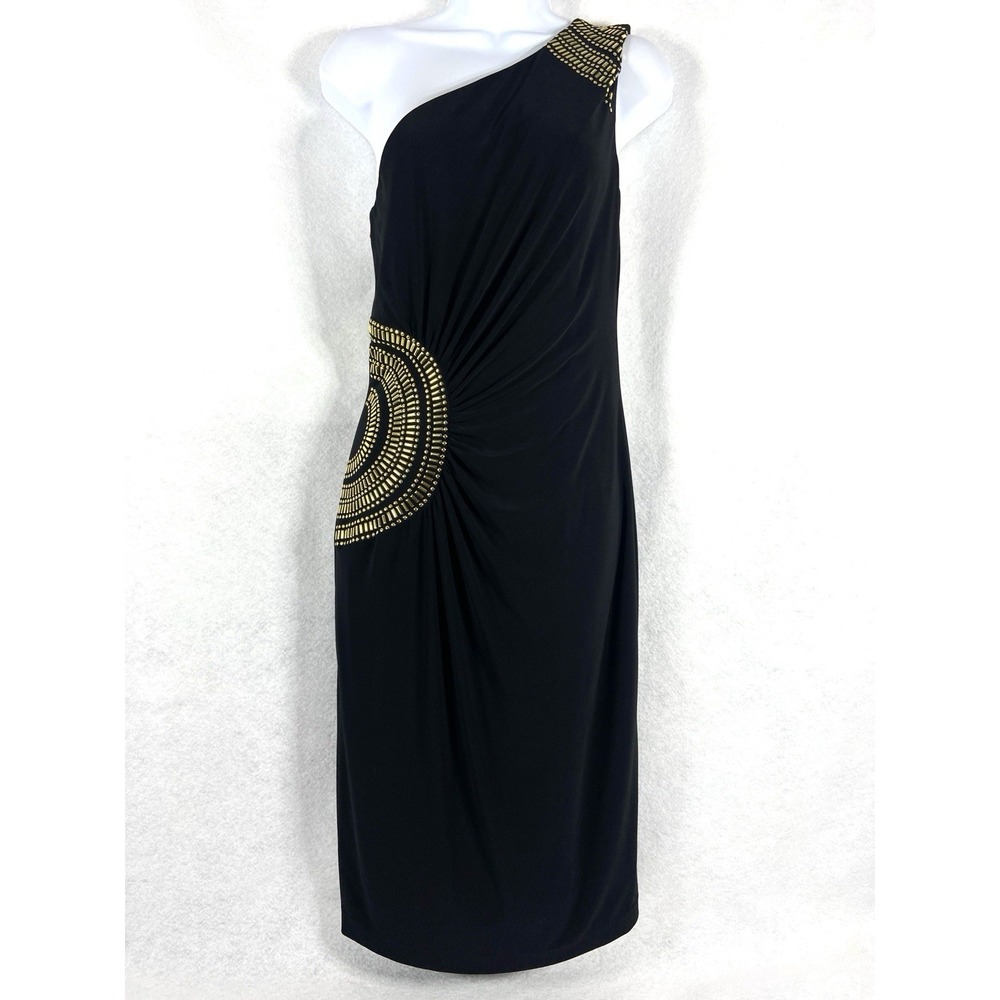 Vintage Cache Dress Women's Large Black Sheath One Shoulder Ruched Studded